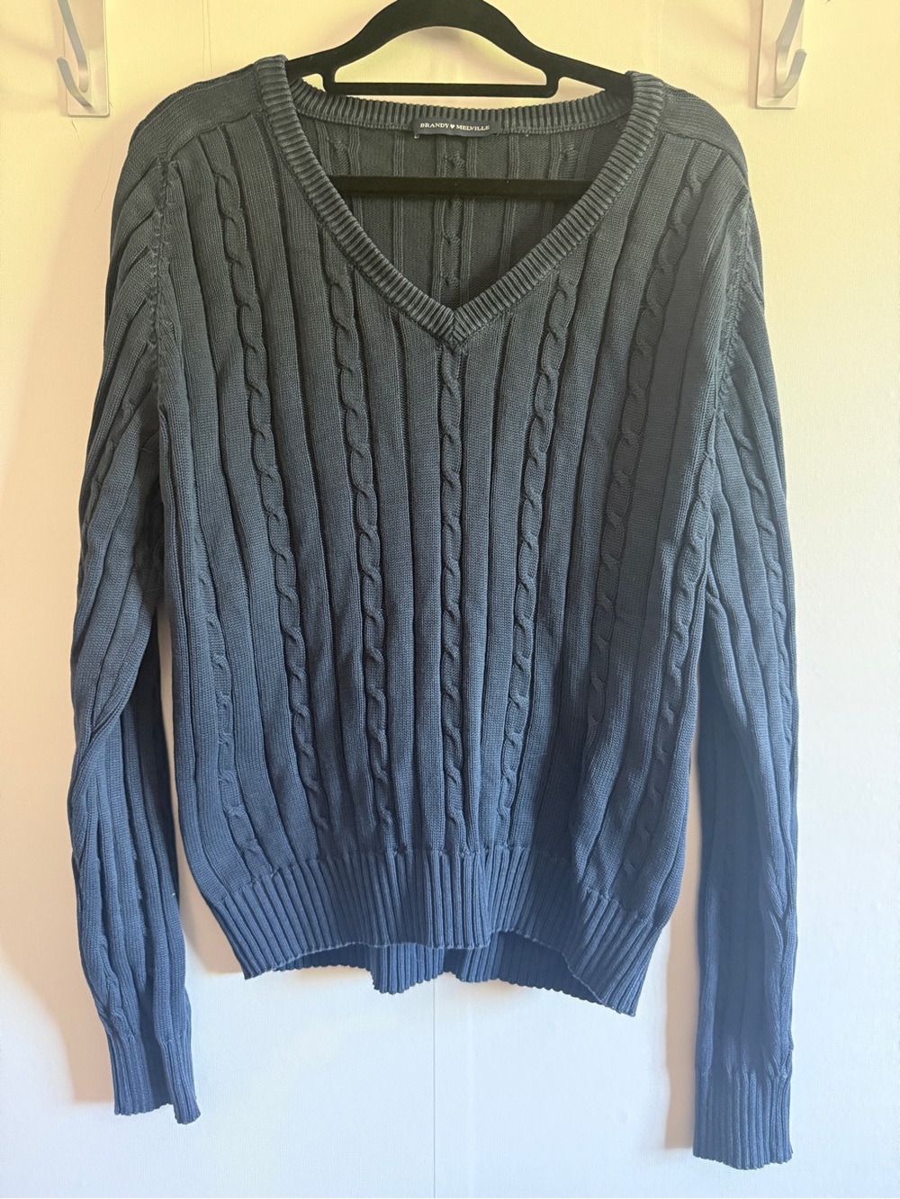 Brandy Melville Made in Italy 100% Cotton Cable Knit V-Neck Sweater OS Navy